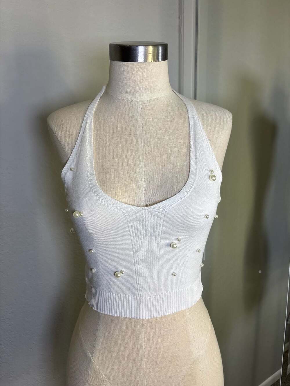 Pearl Beaded Halter Neck Knit Crop Top White